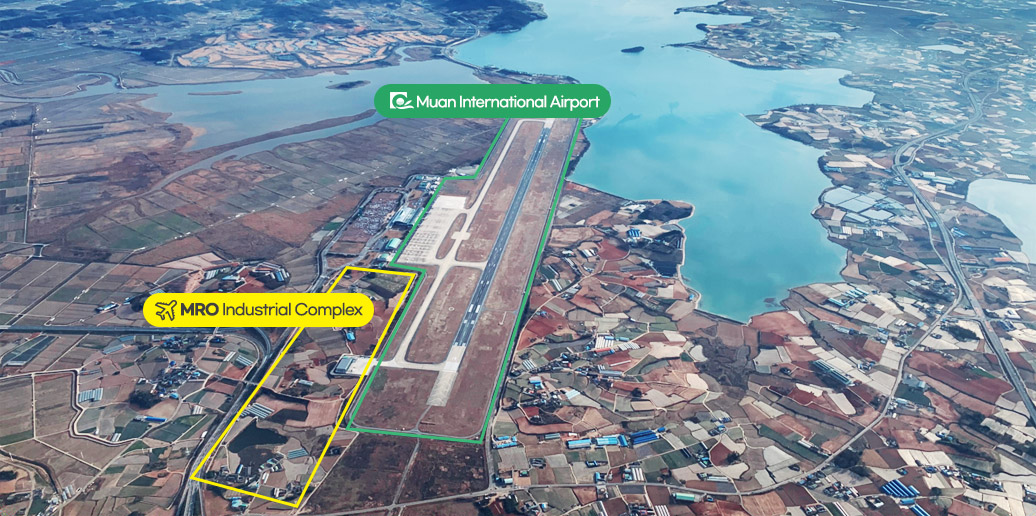 MRO산단 예정지는 무안국제공항 남서쪽에 위치해 있다.